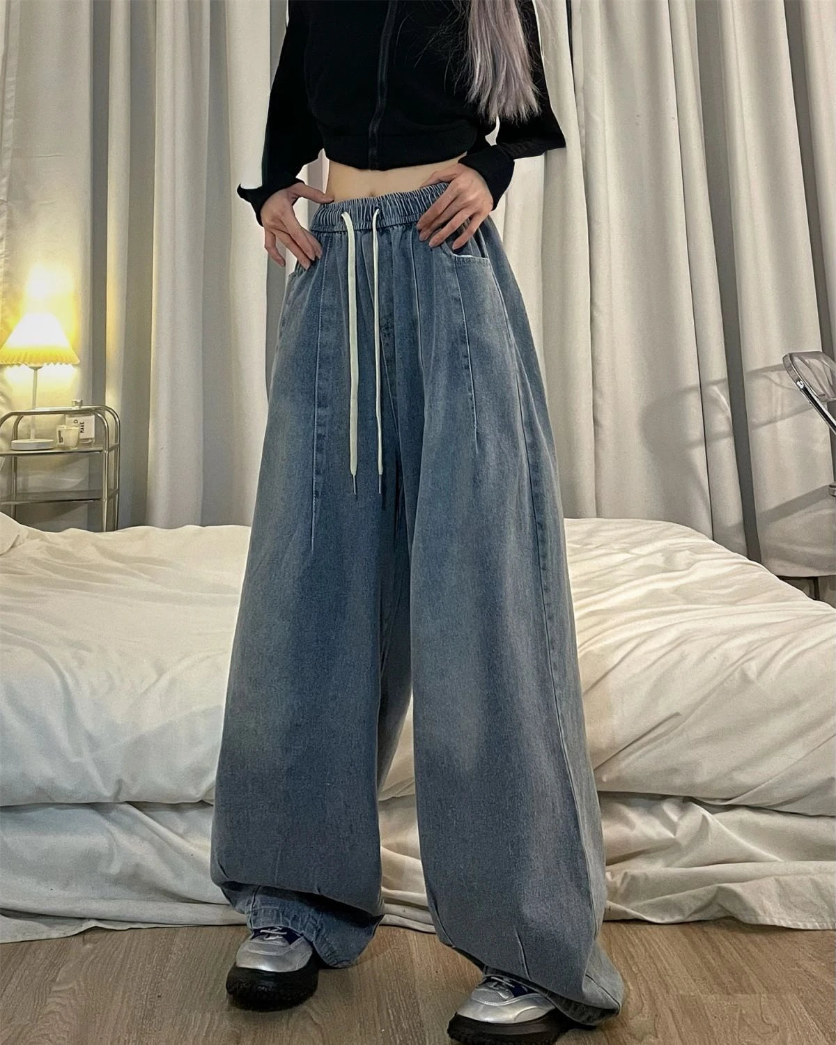 Calça Jeans  Baggy Com Cintura Elástica