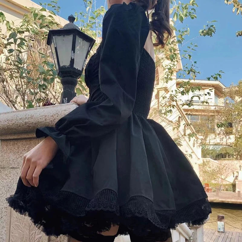 Vestido Curto Estilo Lolita Com Manga Buff Longa