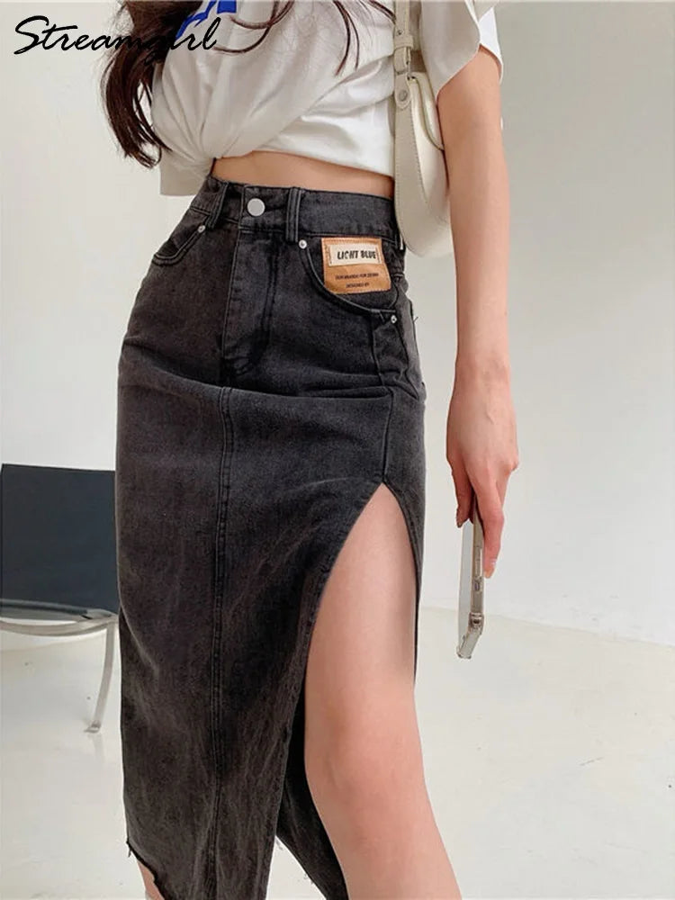 Saia Longa Jeans Com Divisão Maxi