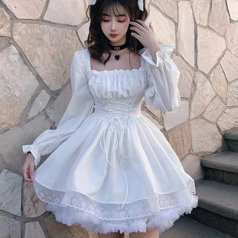 Vestido Curto Estilo Lolita Com Manga Buff Longa