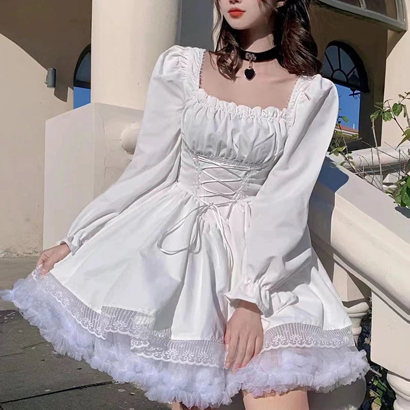 Vestido Curto Estilo Lolita Com Manga Buff Longa