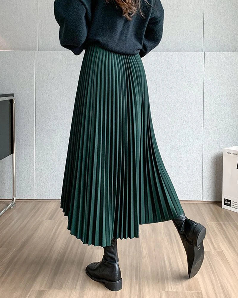 Saia Midi Plissada Vintage Com Cintura Alta Estilo Irregular