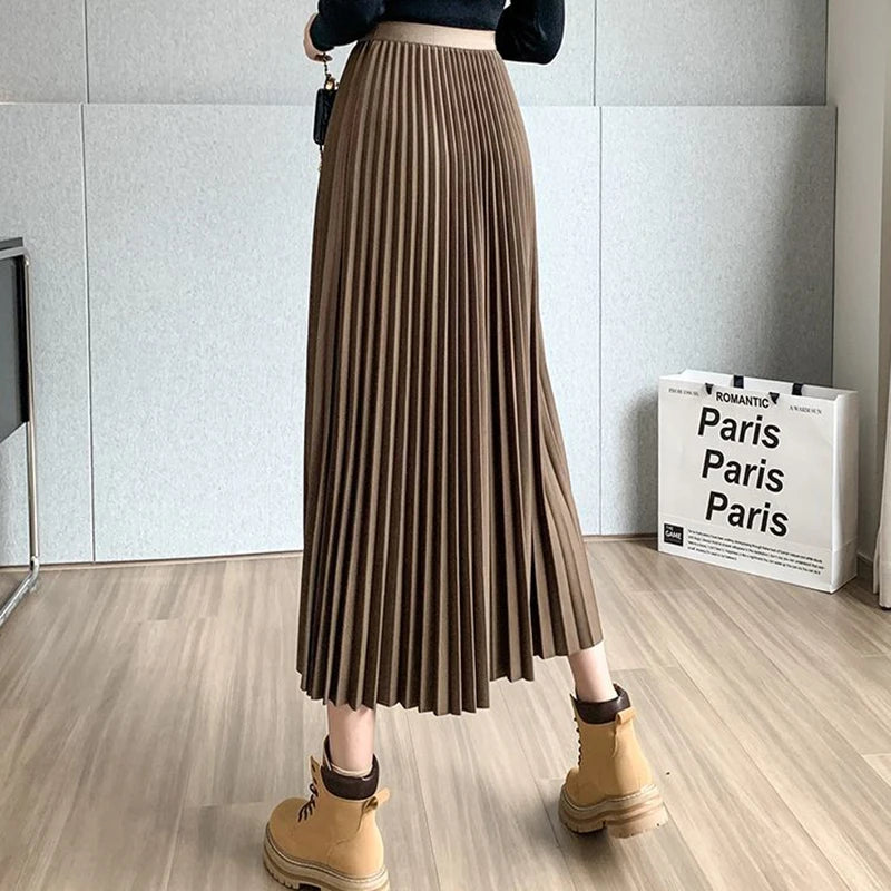 Saia Midi Plissada Vintage Com Cintura Alta Estilo Irregular