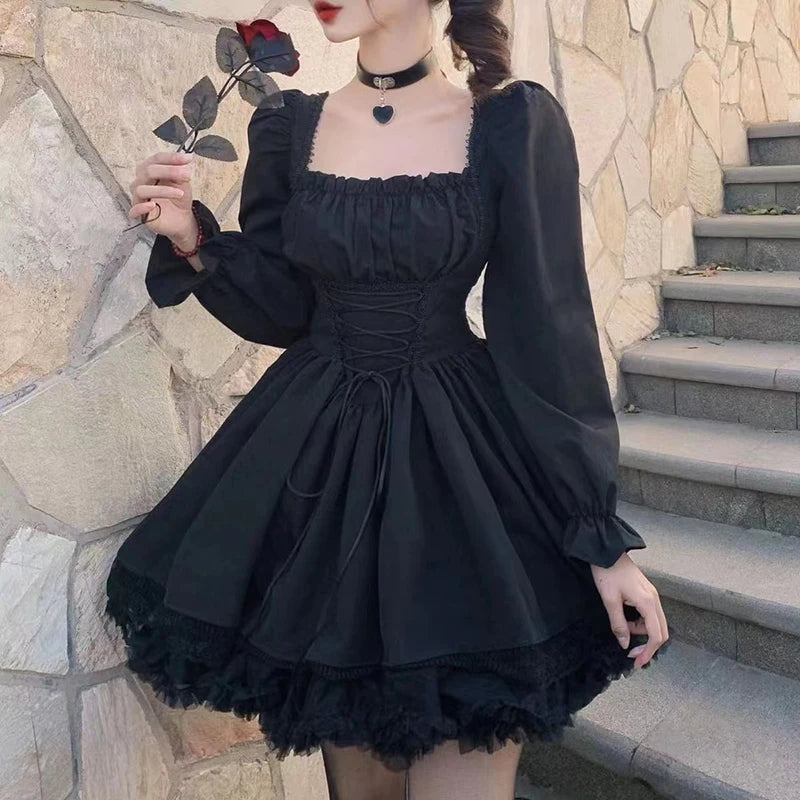 Vestido Curto Estilo Lolita Com Manga Buff Longa