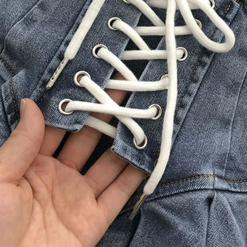 Saia Curta  Jeans Plissada  Com Cintura Alta