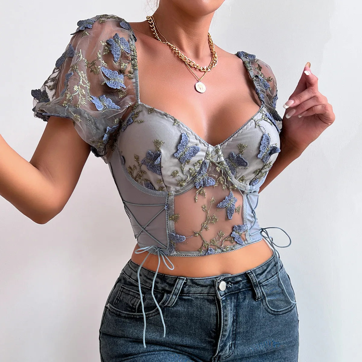 Cropped Yimunancy De Manga Bufante Floral Decotado